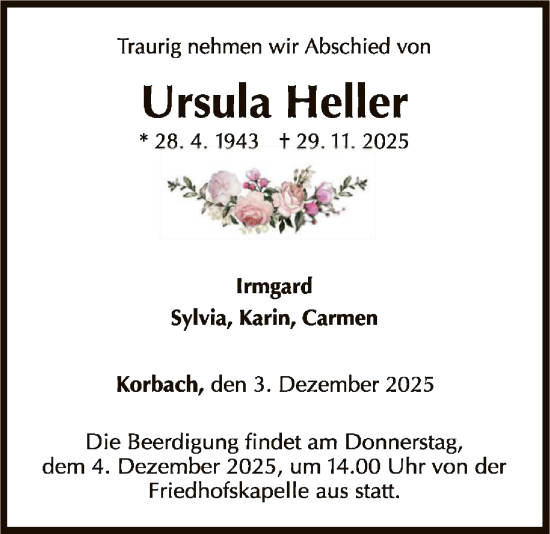 Traueranzeige von Ursula Heller von WLZ