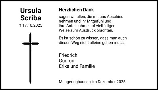 Traueranzeige von Ursula Scriba von WLZ
