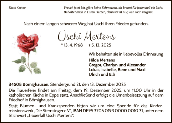 Traueranzeige von Uschi Mertens von WLZ