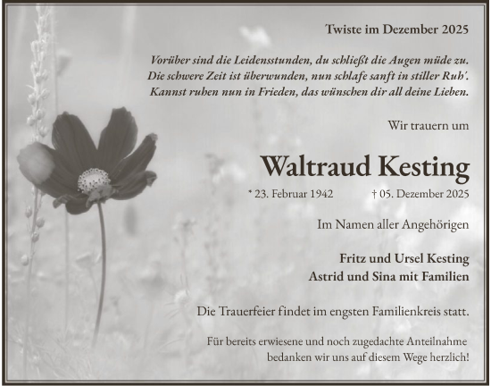 Traueranzeige von Waltraud Kesting von WLZ