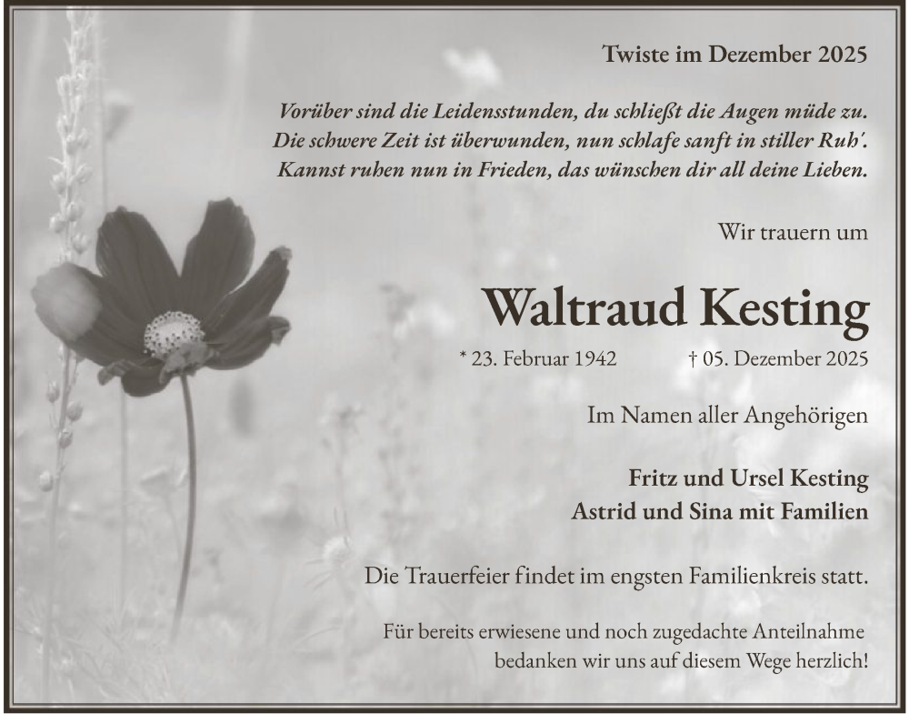  Traueranzeige für Waltraud Kesting vom 13.12.2025 aus WLZ