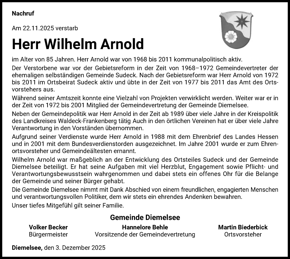  Traueranzeige für Wilhelm Arnold vom 03.12.2025 aus WLZ