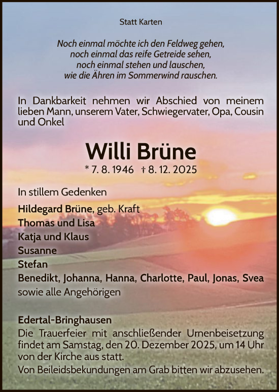 Traueranzeige von Willi Brüne von WLZ