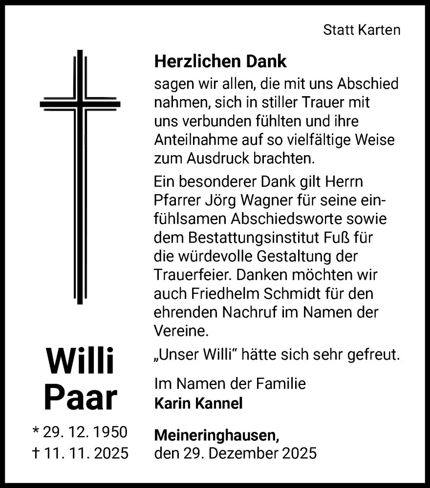  Traueranzeige für Willi Paar vom 29.12.2025 aus WLZ
