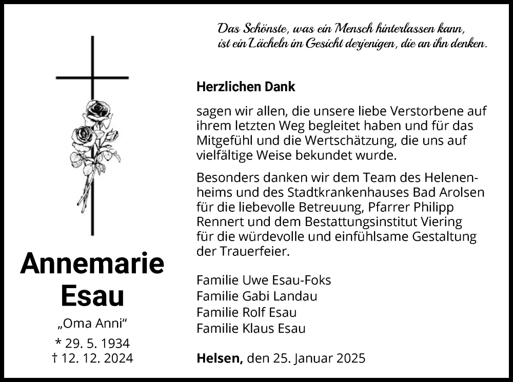  Traueranzeige für Annemarie Esau vom 25.01.2025 aus WLZ
