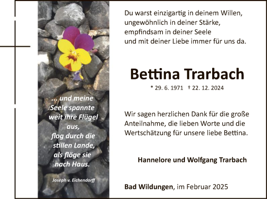 Traueranzeige von Bettina Trarbach von WLZ