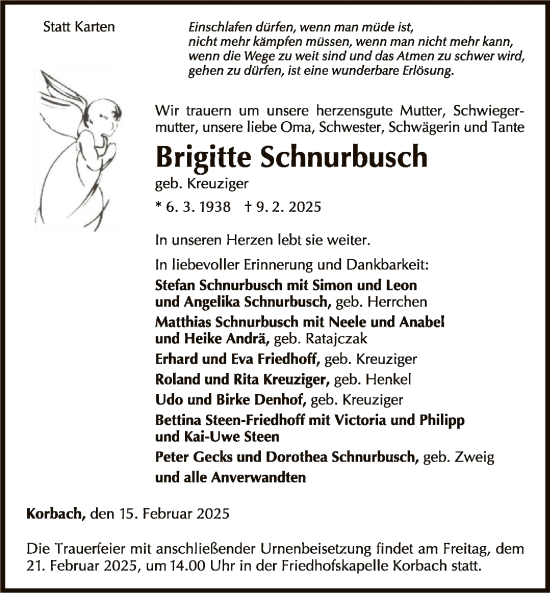 Traueranzeige von Brigitte Schnurbusch von WLZ