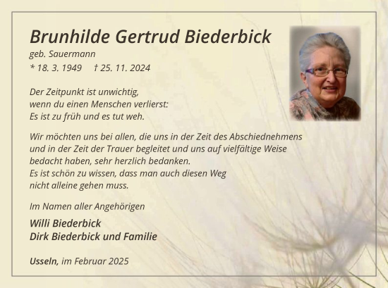 Traueranzeige von Brunhilde Gertrud Biederbick von WLZ