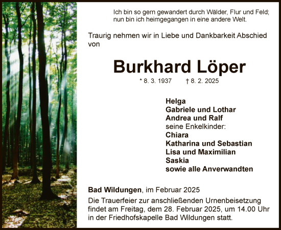 Traueranzeige von Burkhard Löper von WLZ