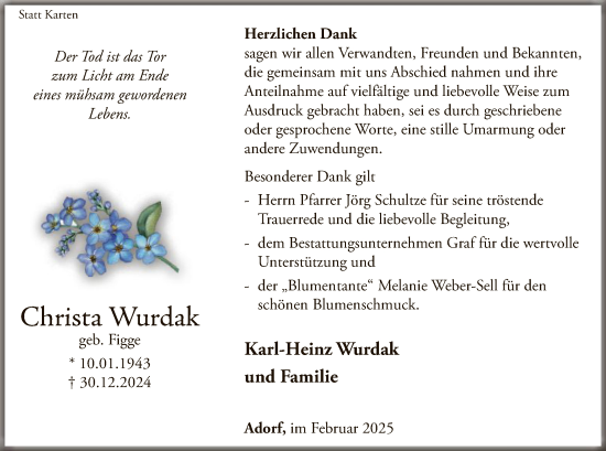 Traueranzeige von Christa Wurdak von WLZ