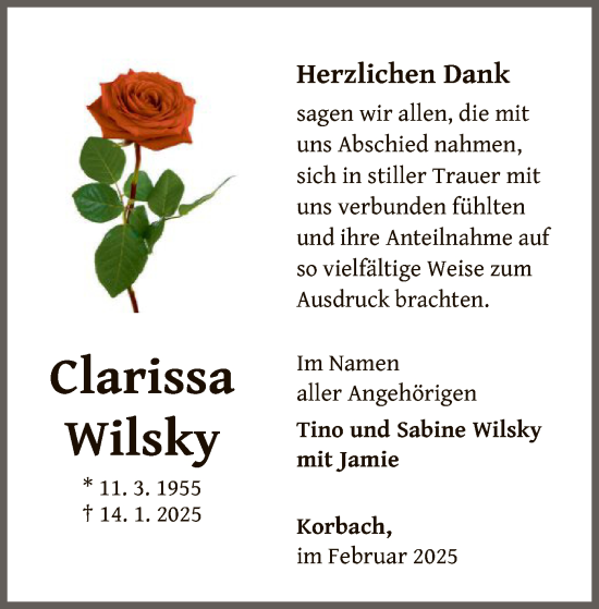 Traueranzeige von Clarissa Wilsky von WLZ