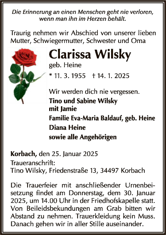 Traueranzeige von Clarissa Wilsky von WLZ