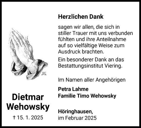 Traueranzeige von Dietmar Wehowsky von WLZ