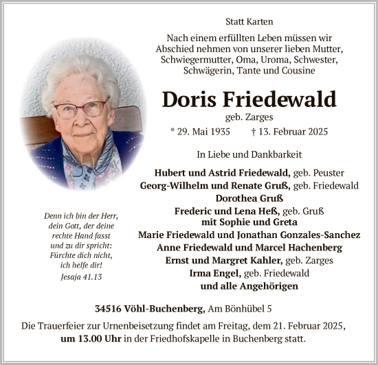 Traueranzeige von Doris Friedewald von WLZHNA