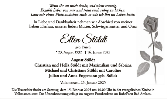 Traueranzeige von Ellen Stöldt von WLZ