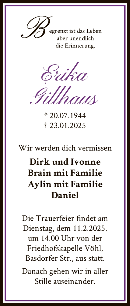 Traueranzeige von Erika Gillhaus von WLZ