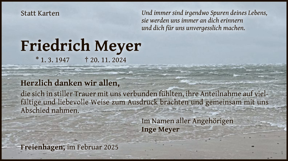  Traueranzeige für Friedrich Meyer vom 08.02.2025 aus WLZ