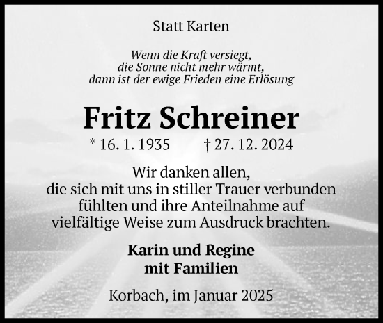 Traueranzeige von Fritz Schreiner von WLZ