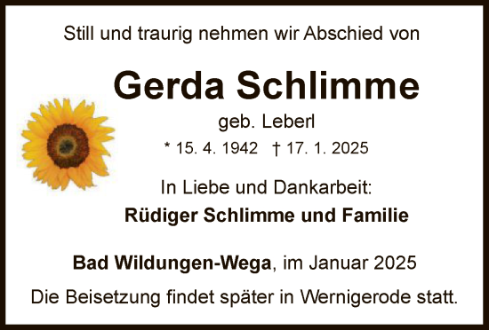 Traueranzeige von Gerda Schlimme von WLZ