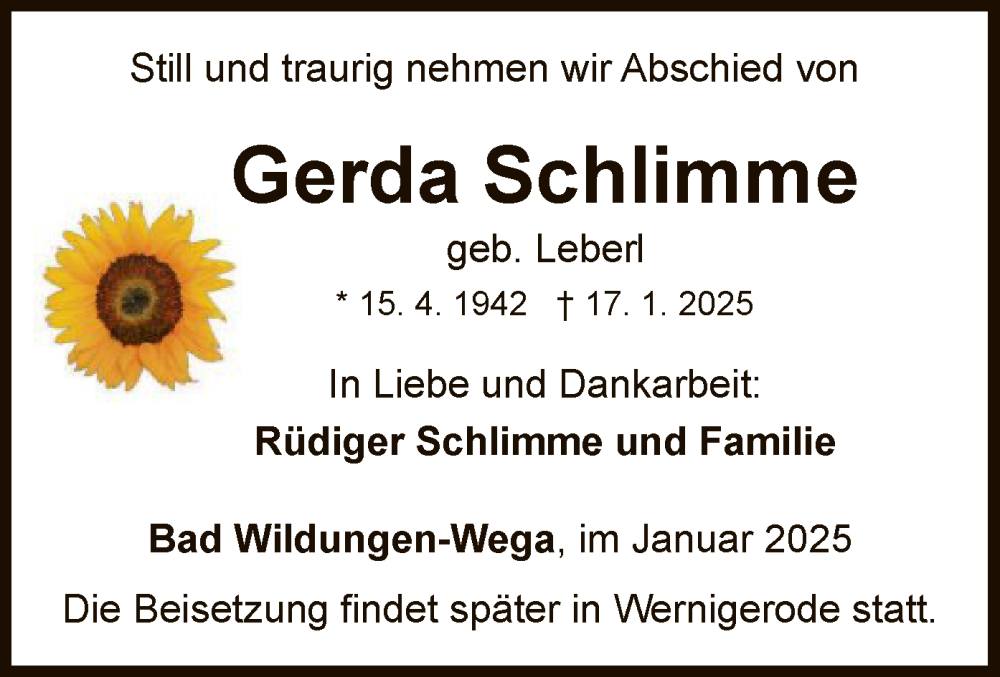  Traueranzeige für Gerda Schlimme vom 25.01.2025 aus WLZ