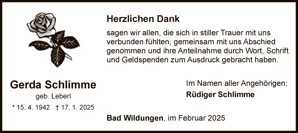  Traueranzeige für Gerda Schlimme vom 15.02.2025 aus WLZ
