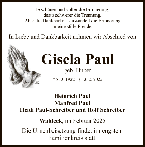 Traueranzeige von Gisela Paul von WLZ