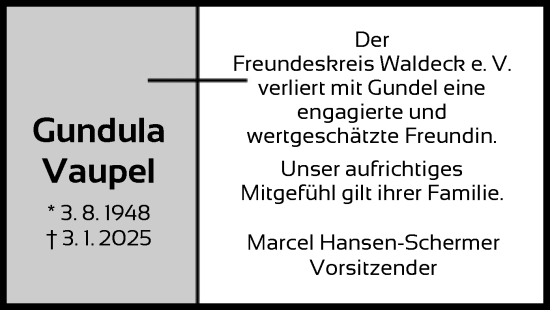 Traueranzeige von Gundula Vaupel von WLZ