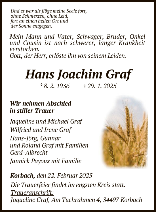 Traueranzeige von Hans Joachim Graf von WLZ