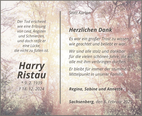 Traueranzeige von Harry Ristau von WLZHNA