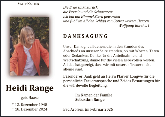 Traueranzeige von Heidi Range von WLZ