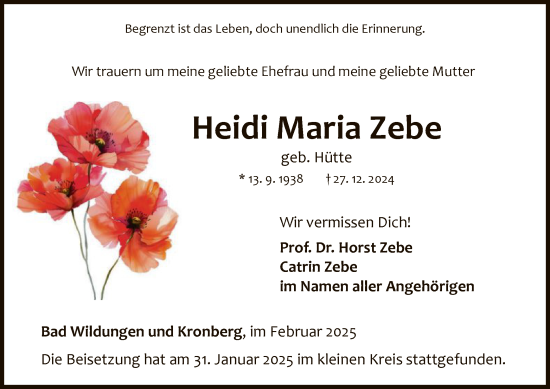 Traueranzeige von Heidi Maria Zebe von WLZ