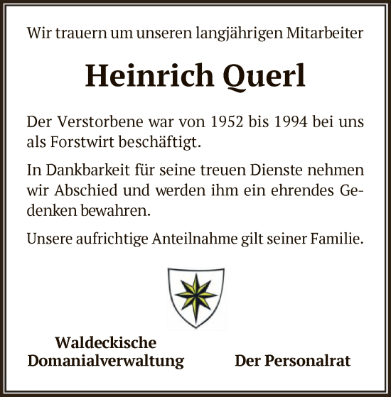 Traueranzeige von Heinrich Querl von WLZ