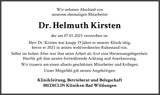 Traueranzeige von Helmuth Kirsten von WLZ