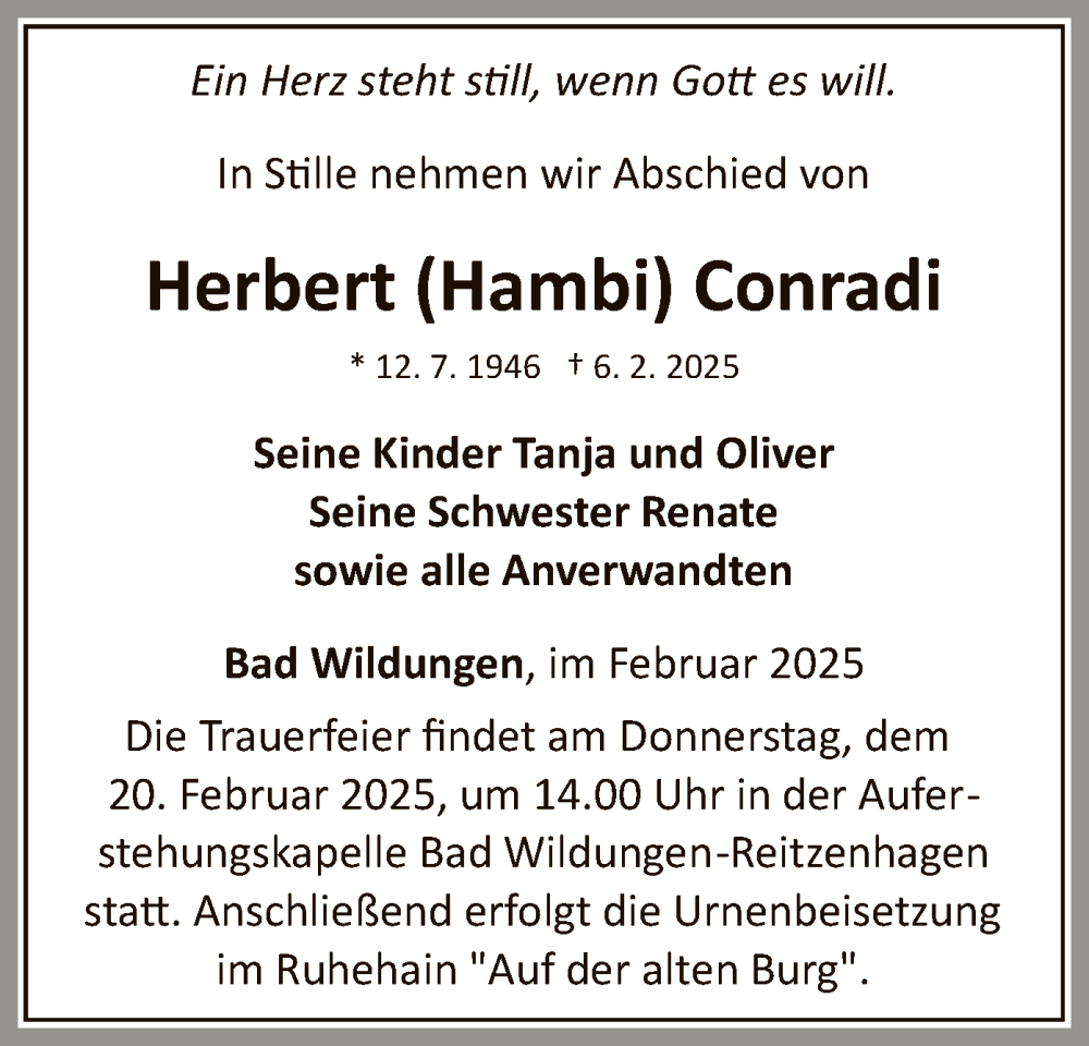 Traueranzeige für Herbert Conradi vom 15.02.2025 aus WLZ