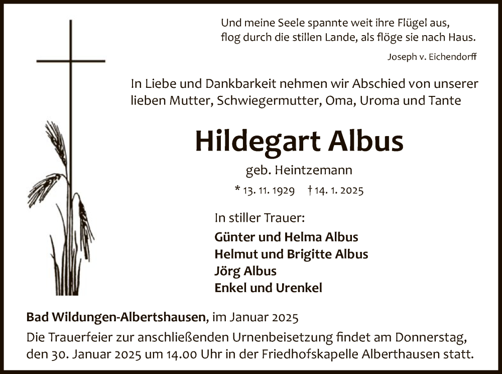  Traueranzeige für Hildegart Albus vom 25.01.2025 aus WLZ