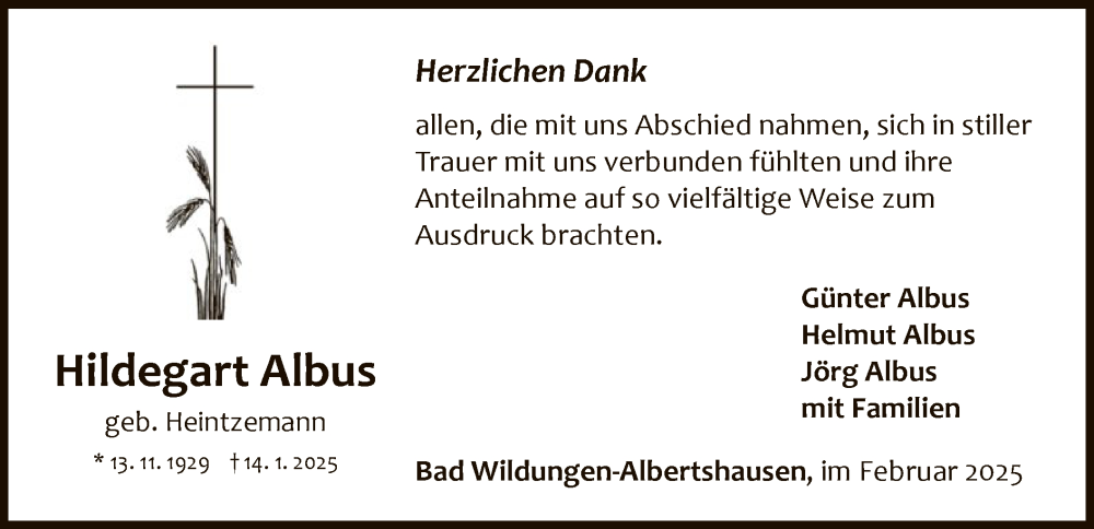  Traueranzeige für Hildegart Albus vom 22.02.2025 aus WLZ