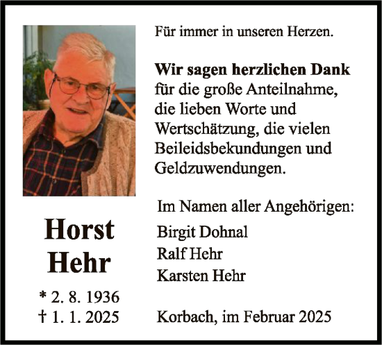 Traueranzeige von Horst Hehr von WLZ