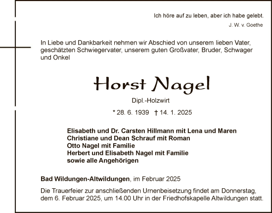 Traueranzeige von Horst Nagel von WLZ