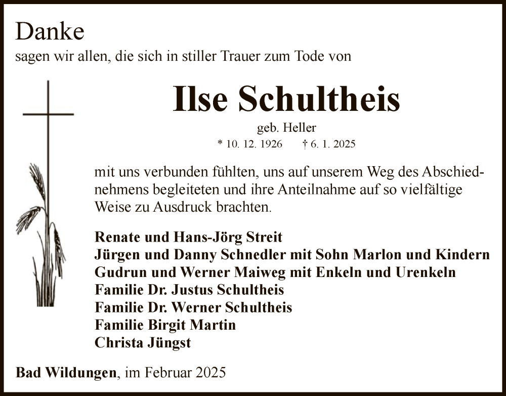  Traueranzeige für Ilse Schultheis vom 01.02.2025 aus WLZ