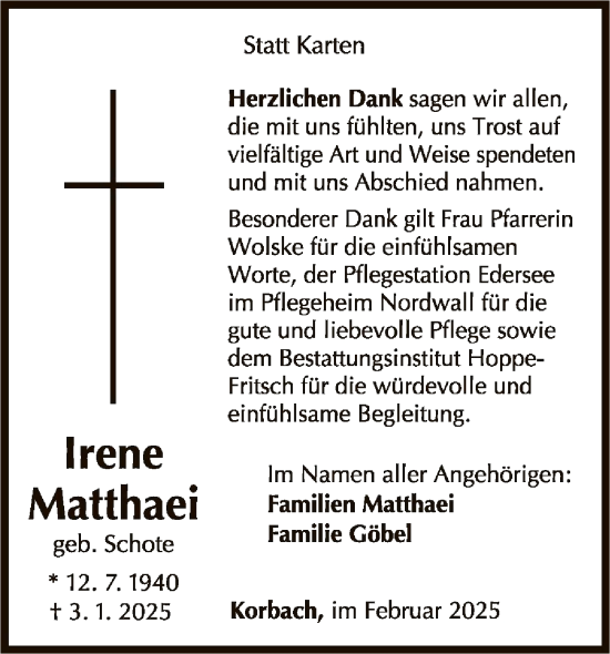 Traueranzeige von Irene Matthaei von WLZ