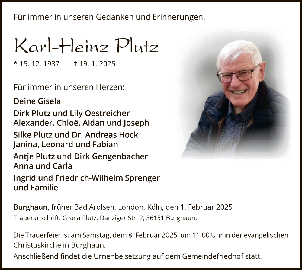  Traueranzeige für Karl-Heinz Plutz vom 01.02.2025 aus WLZ