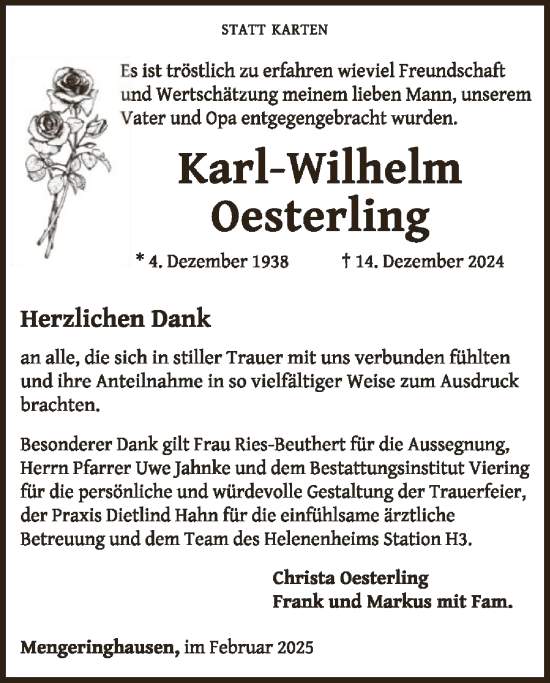 Traueranzeige von Karl-Wilhelm Oesterling von WLZ