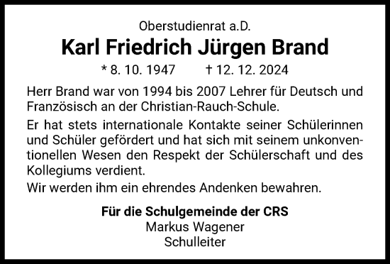 Traueranzeige von Karl Friedrich Jürgen Brand von WLZ