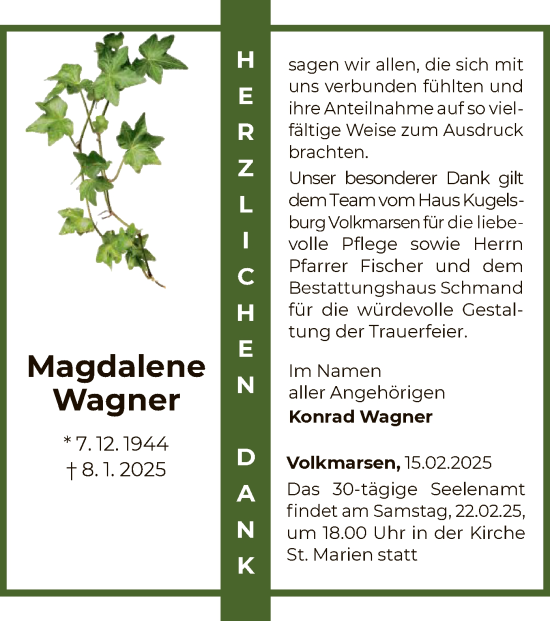 Traueranzeige von Magdalene Wagner von WLZ