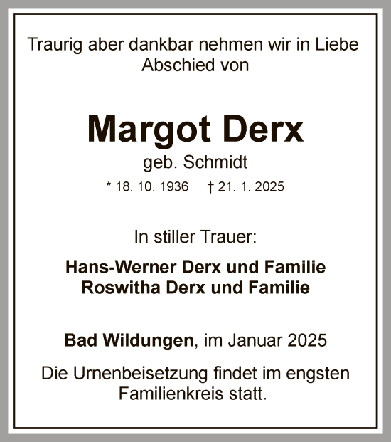 Traueranzeige von Margot Derx von WLZ