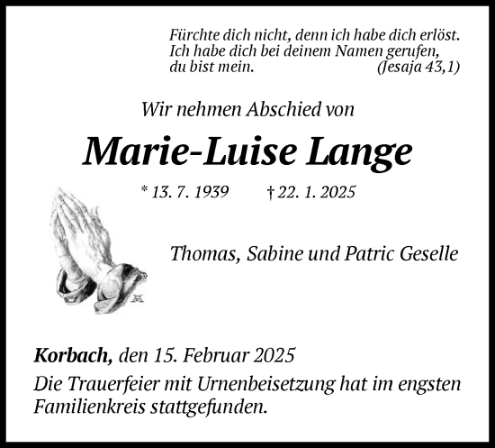 Traueranzeige von Marie-Luise Lange von WLZ