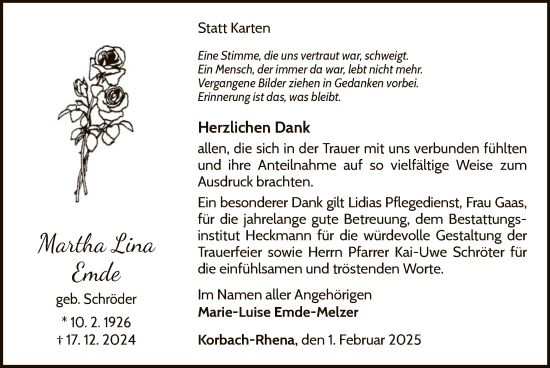 Traueranzeige von Martha Lina Emde von WLZ