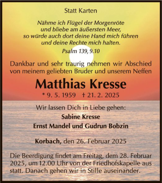 Traueranzeige von Matthias Kresse von WLZ