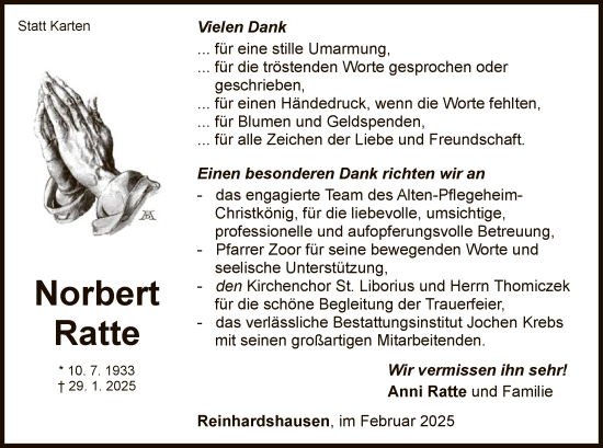 Traueranzeige von Norbert Ratte von WLZ