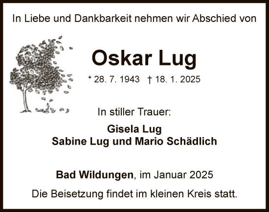 Traueranzeige von Oskar Lug von WLZ